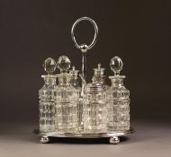 ELECTROPLATED SIX BOTTLE CRUET STAND, of oval form with moulded border, compressed ball feet and