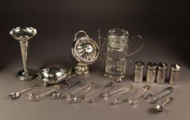 MIXED LOT OF ELECTROPLATE, comprising: FOUR PIECE CONDIMENT SET, BUTTER DISH with cyma border,