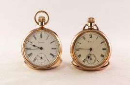 WALTHAM 'TRAVELER' No 10326815 ROLLED GOLD OPEN FACED POCKET WATCH with keyless movement, white