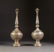 PAIR OF PERSIAN SILVER COLOURED METAL GLOBE AND SHAFT SHAPED ROSE WATER SPRINKLERS, in two parts