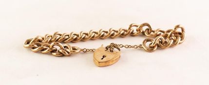 9ct GOLD CURB LINK BRACELET with heart shaped padlock clasp, 38.5 gms