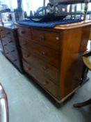 VICTORIAN SATIN BIRCH CHEST OF DRAWERS, TWO OVER THREE, bad split to one side and the other side