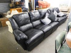 A BLACK HIDE LOUNGE SUITE OF TWO PIECES, VIZ A LARGE THREE SEATER SETTEE AND A TWO SEATER SETTEE,