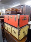 A FABRIC AND WOOD BOUND TRUNK, A METAL TRUNK, AND FIVE VARIOUS SUITCASES, SOME LEATHER AND A LARGE