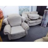 A MODERN THREE PIECE LOUNGE SUITE AND FOOTSTOOL, COVERED IN CREAM/GOLD FABRIC (4)