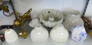 EIGHT GLASS LIGHT SHADES, INCLUDING A PAIR AND ANOTHER WITH CHAIN SUSPENSION, AND A DUTCH THREE