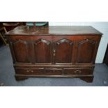 NINETEENTH CENTURY CARVED OAK MULE CHEST PATTERN CUPBOARD, the moulded oblong top above a pair of