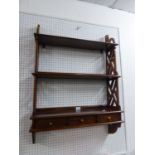 CHIPPENDALE STYLE MAHOGANY THREE TIER WALL SHELVES, WITH ROW OF THREE SHORT DRAWERS BELOW, HAVING