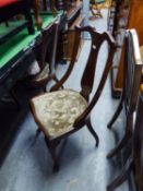 A PAIR OF EDWARDIAN MAHOGANY BOXWOOD STRUNG DRAWING ROOM CHAIRS, ALSO AN EASTERN CARVED DARK STAINED