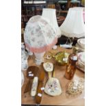 TWO DRESSING TABLE BRUSH SETS, A TURNED WOOD URN SHAPED TABLE LAMP AND SHADE AND A POTTERY TABLE