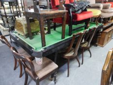 A QUARTER SIZE SNOOKER TABLE, WITH FOLD-AWAY LEGS, CUES, BALLS AND SCOREBOARD