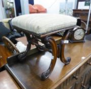 AN EARLY VICTORIAN ROSEWOOD STOOL, THE STUFF-OVER SEAT ABOVE DOUBLE FOLIATE CARVED 'C' SCROLL END