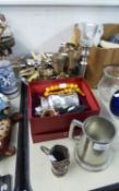 TWO ELECTROPLATE TANKARDS (ONE BOXED) AND VARIOUS ELECTROPLATE TO INCLUDE; GOBLETS, CANDLE HOLDERS