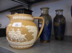 NINETEENTH CENTURY COPELAND BUFF SALT GLAZED LARGE GLOBULAR JUG, WITH APPLIED STAG HUNTING SCENE, 8"