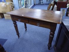 VICTORIAN PITCH PINE TWO DRAWER SIDE TABLE WITH MAHOGANY TOP, moulded glass handles and brown pot