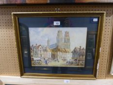 C.H. DANIEL, MID TWENTIETH CENTURY  WATERCOLOUR DRAWING BYGONE MARKET SQUARE WITH CATHEDRAL IN