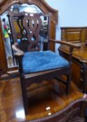 ANTIQUE COUNTRY OAK CARVER ARMCHAIR, with pierced splat, square, moulded front laegs and later