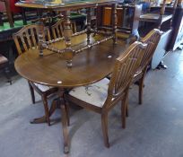 MODERN REGENCY STYLE TWIN PEDESTAL DINING TABLE, no leaf, and a SET OF FOUR SHIELD BACK DINING