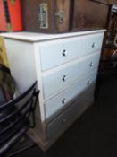 A PALE BLUE AND WHITE PAINTED CHEST OF TWO SHORT AND THREE LONG DRAWERS