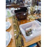 SWING HANDLED COPPER COAT SCUTTLE, PAIR OF AGED BRASS AND COPPER FIRE TONGS AND MATCHING POKER, PAIR