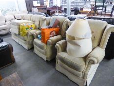 A WINGED LOUNGE SUITE OF FOUR PIECES, VIZ TWO SEATER SETTEE, TWO LOUNGE CHAIRS AND A LARGE SQUARE