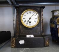 VICTORIAN BLACK SLATE AND VARIEGATED MARBLE MANTEL CLOCK, OBLONG CASE WITH WHITE ENAMEL ROMAN