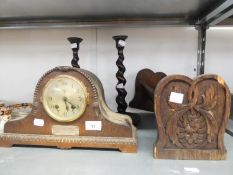 OAK NAPOLEONS HAT SHAPED MANTEL CLOCK, WITH SILVER PRESENTATION PLAQUE, DATED 1925, MOVEMENT