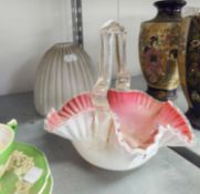 VICTORIAN OPAQUE WHITE GLASS WAVY BASKET PATTERN BOWL, WITH PINK INTERIOR AND CLEAR GLASS LOOP