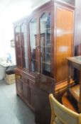 A LARGE TALL CONTEMPORARY CHINESE HARDWOOD TALL SIDE CABINET WITH FOUR GLAZED DOORS ABOVE FOUR