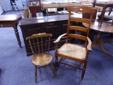 LATE VICTORIAN STAINED FRUITWOOD LADDER BACK OPEN ARMCHAIR WITH CANED SEAT and turned front legs,