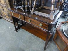 A LINE INLAID MAHOGANY WRITING TABLE WITH TWO DRAWER AND UNDER SHELF RAISED ON SQUARE TAPERING