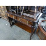 A LINE INLAID MAHOGANY WRITING TABLE WITH TWO DRAWER AND UNDER SHELF RAISED ON SQUARE TAPERING