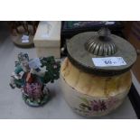 LATE NINETEENTH CARLTON WARE POTTERY BISCUIT BARREL, FLORAL PRINTED AND HAVING PLATED SWING HANDLE