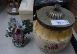 LATE NINETEENTH CARLTON WARE POTTERY BISCUIT BARREL, FLORAL PRINTED AND HAVING PLATED SWING HANDLE