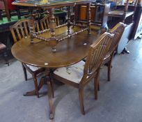 MODERN REGENCY STYLE TWIN PEDESTAL DINING TABLE, cantilever leaf, and a SET OF FOUR SHIELD BACK