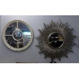 A MODERN SILVERED SUNBURST WALL MIRROR AND ANOTHER CIRCULAR MIRROR IN WHITE PAINTED FRAME (2)