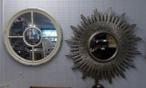 A MODERN SILVERED SUNBURST WALL MIRROR AND ANOTHER CIRCULAR MIRROR IN WHITE PAINTED FRAME (2)