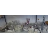 A GOOD SELECTION OF CUT AND MOULDED GLASSWARES TO INCLUDE; BOWLS, VASES, CANDLESTICKS, COLOURED