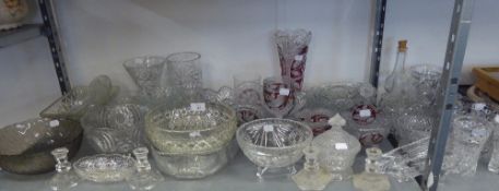 A GOOD SELECTION OF CUT AND MOULDED GLASSWARES TO INCLUDE; BOWLS, VASES, CANDLESTICKS, COLOURED