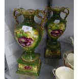 A PAIR OF VICTORIAN POTTERY TWO HANDLED PEDESTAL VASES, FLORAL PRINTED DECORATION, 11 ½? HIGH