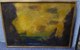 TWENTIETH CENTURY SCHOOL OIL ON BOARD  A TURNERESQUE STUDY OF  A ROCKY COASTLINE AT SUNSET WITH A