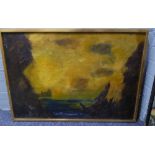 TWENTIETH CENTURY SCHOOL OIL ON BOARD  A TURNERESQUE STUDY OF  A ROCKY COASTLINE AT SUNSET WITH A