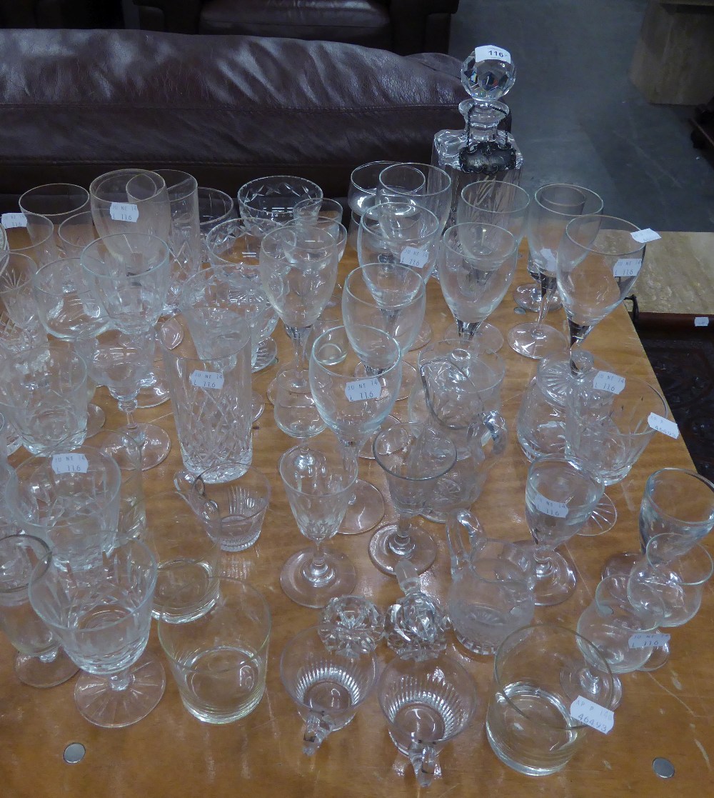 CONTENTS OF CORNER CUPBOARD COMPRISING CUT AND PLAIN DRINKING GLASSES, SUNDAE DISHES, JUG AND SPIRIT