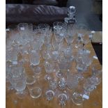 CONTENTS OF CORNER CUPBOARD COMPRISING CUT AND PLAIN DRINKING GLASSES, SUNDAE DISHES, JUG AND SPIRIT