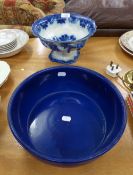 VICTORIAN FLOW BLUE POTTERY, CIRCULAR TWO HANDLED PEDESTAL BOWL, 10? DIAMETER (SOME FAULTS) AND A