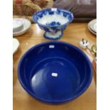 VICTORIAN FLOW BLUE POTTERY, CIRCULAR TWO HANDLED PEDESTAL BOWL, 10? DIAMETER (SOME FAULTS) AND A