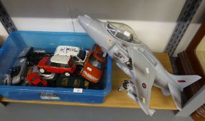 LARGE PAINTED PLASTIC ?H.M. ARMED FORCES? MODEL OF A HARRIER JUMP JET, 26? long, together with