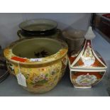 ORIENTAL CHINA FISH BOWL; A SQUARE BOWL AND COVER AND TWO CERAMIC JARDINIÈRES (4)