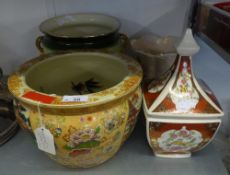 ORIENTAL CHINA FISH BOWL; A SQUARE BOWL AND COVER AND TWO CERAMIC JARDINIÈRES (4)