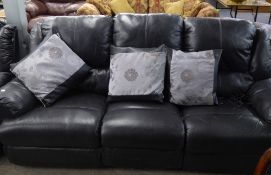 A BLACK HIDE LOUNGE SUITE OF TWO PIECES, VIZ A LARGE THREE SEATER SETTEE AND A TWO SEATER SETTEE,